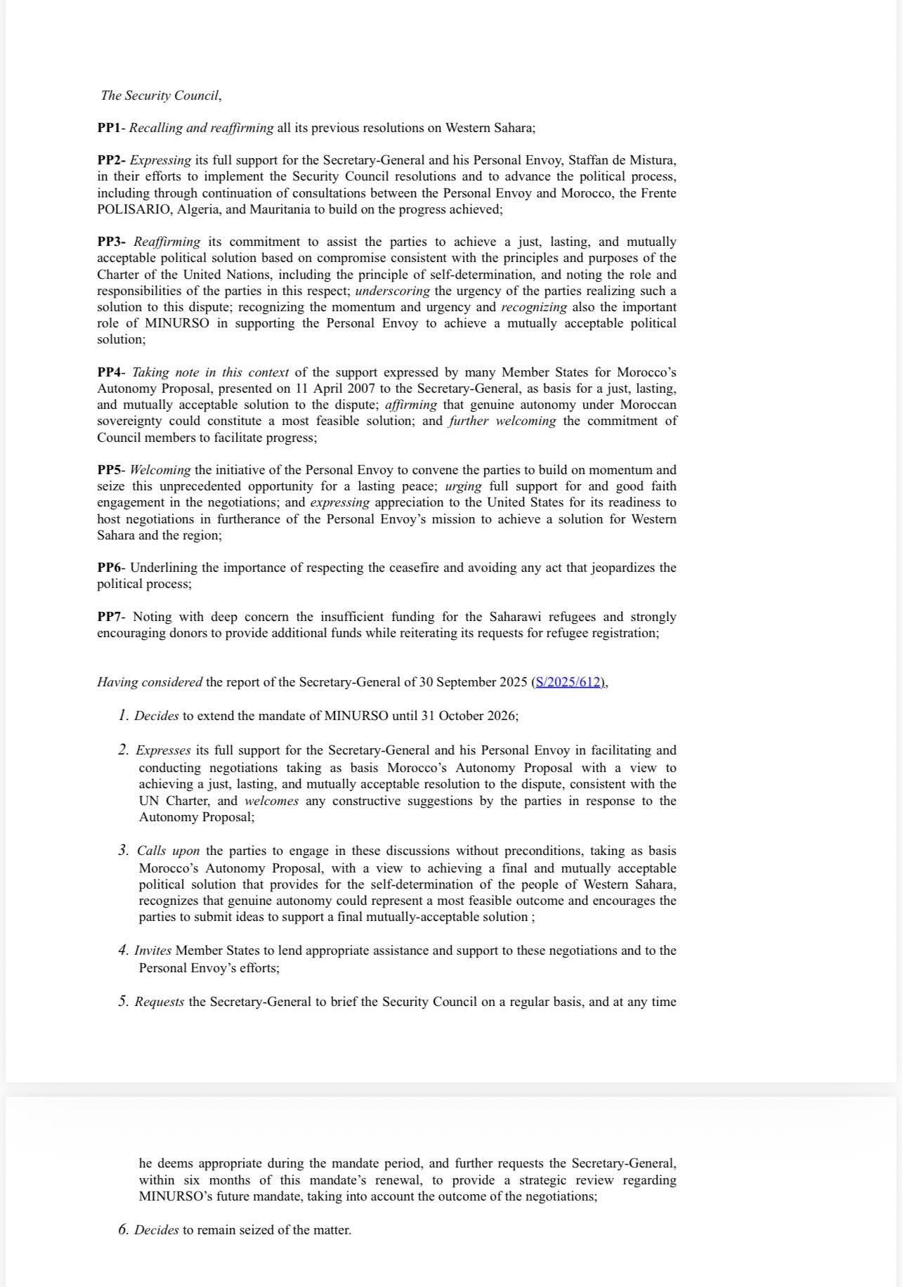 Proyecto de resolución del CS: La Autonomía marroquí es la solución más viable para el Sáhara y las partes deben negociar sobre esta base 1 IMG 20251030 WA0029