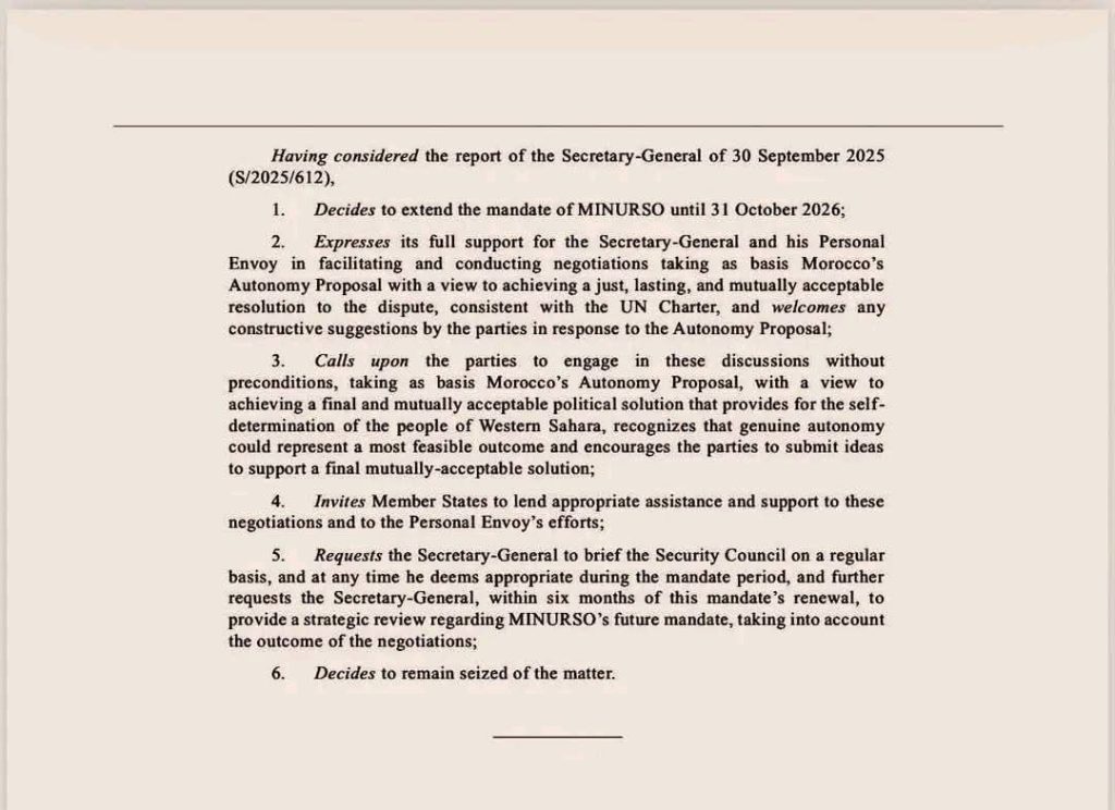 ONU hace pública resolución del CS que adopta la Autonomía marroquí como única solución para el expediente del Sáhara 2 FB IMG 1763241843803 1024x744 1